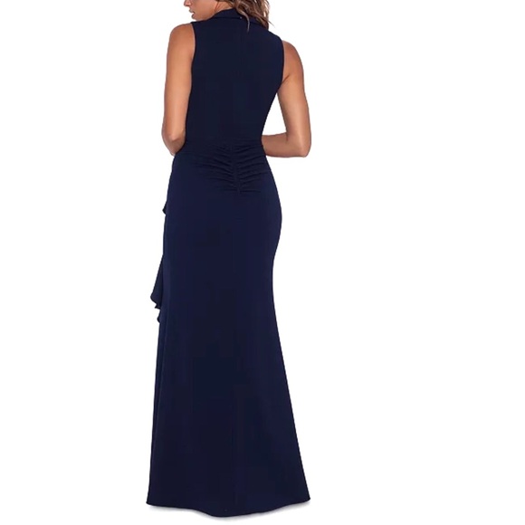 Betsy And Adam Navy Blue Sleeveless Ruffled Tuxedo Gown Size 12 - Picture 3 of 9